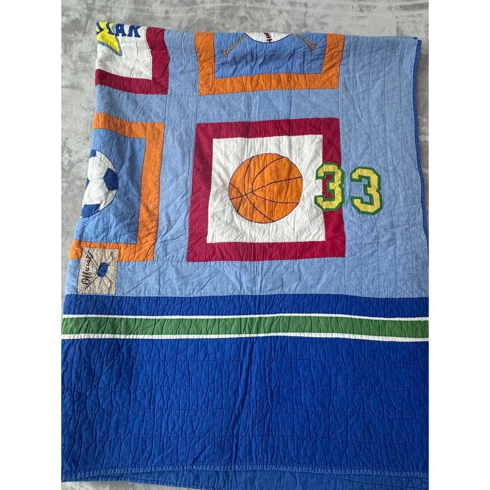 Vintage Sports Patchwork Quilt Blanket All Star Baseball Basketball Soccer Blue